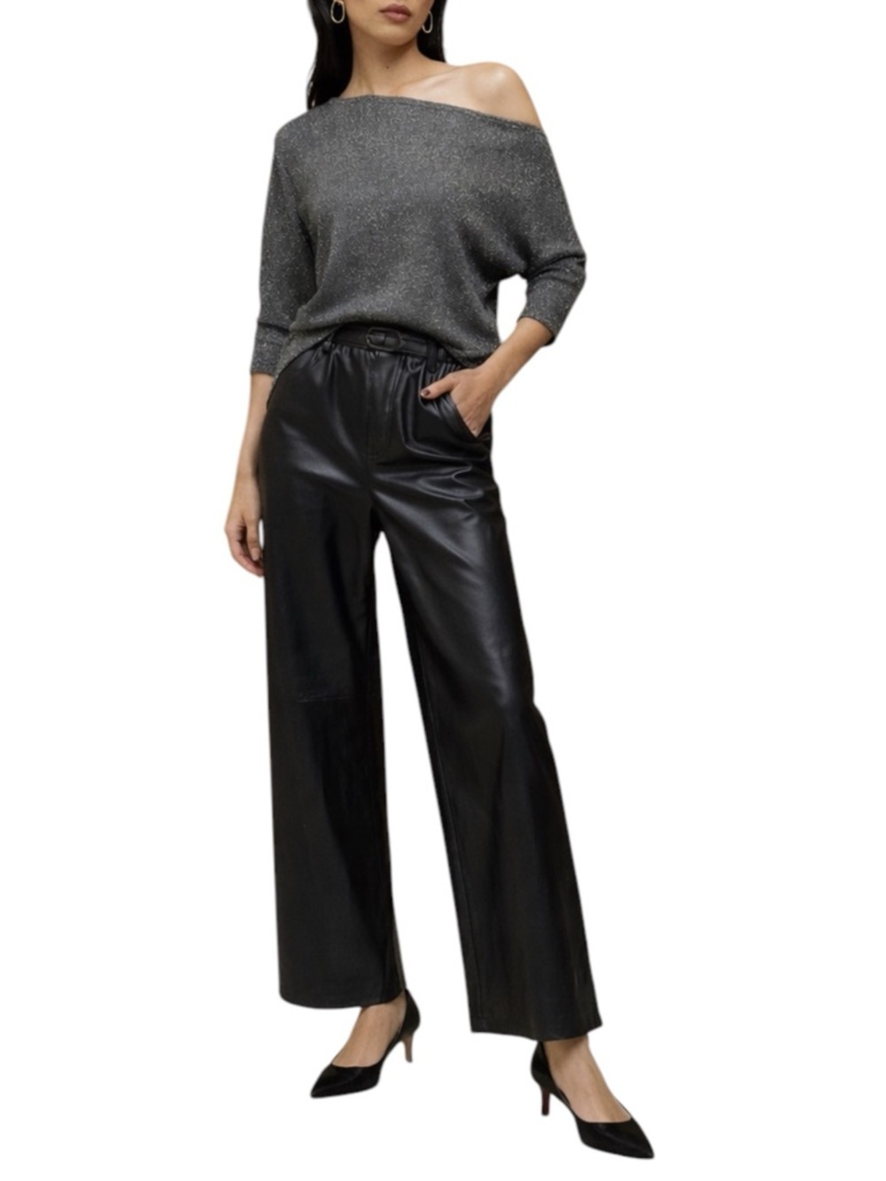 H & M Faux Leather Wide Leg Pants Black High Waist Relaxed Trousers Women's 4
